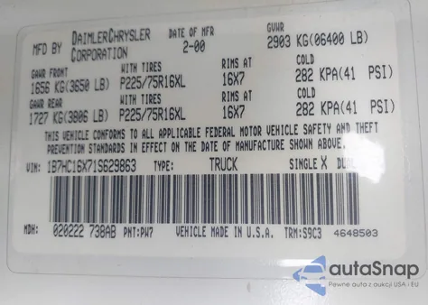 2001 Dodge Ram 1500 St/Ws из США, поврежденный, VIN 1B7HC16X71S629863